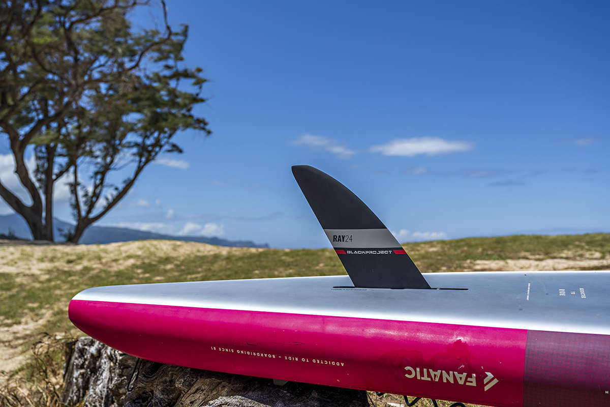 Ray v2 SUP Race Fin from Black Project in a Fanatic paddleboard.