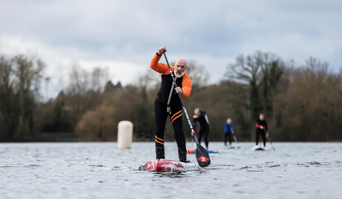 Paddler testing the Hydro SynergyX for long-distance endurance ay Bray Lake Watersports.