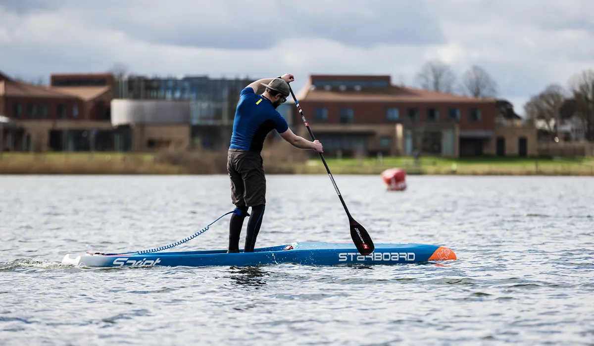 Paddler using Hydro SynergyX on flat water.