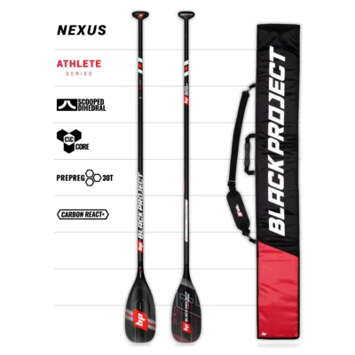 Nexus SUP paddle by Black Project, Athlete Series full paddle with technology icons.